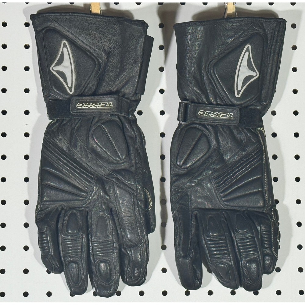 Teknic Mens Black Genuine Leather Gauntlet Motorcycle Gloves Padded Studded XL